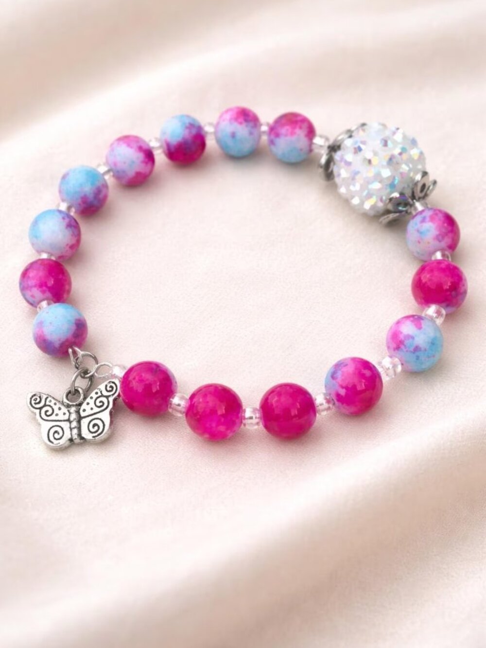 Handmade Pink & Blue Beaded Bracelet with Butterfly Charm